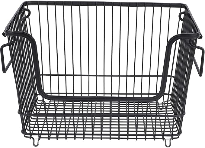 Tyenaza Freezer Organizer Bin Keep Tidy Metal Stackable Fruits Meat Wire Basket for Kitchen Home Use L Black