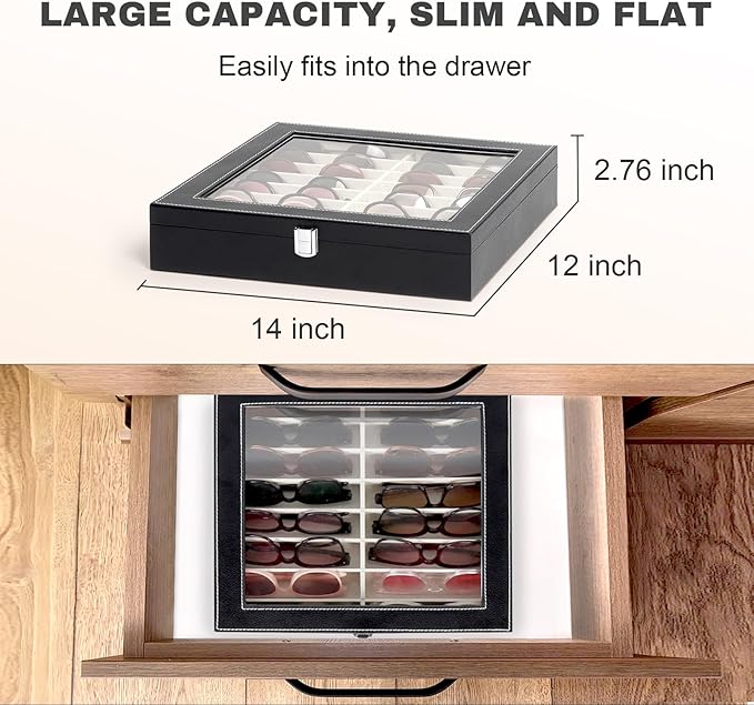 Sunglasses Organizer Case with Adjustable Slots, Eyeglasses Display with Lid, Eyewear Storage Box for Large Glasses
