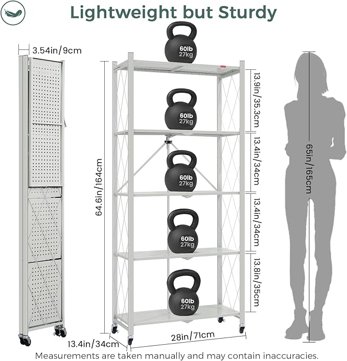 DEANIC 5 Tier Foldable Storage Shelves with Wheels, Large Capacity Shelving Unit, Freestanding Metal Wire Shelf Rack, No Assembly Organizer Rack for Garage Kitchen, Basement, Pantry(Grey Pack of 4)