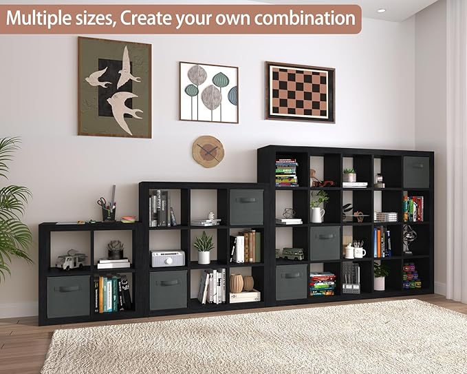 Sturdy Wooden Bookshelf - 20-Cube Storage Organizer with Bins & Multifunctional Cubicle Rack for Living Room, Bedroom or Office - Black