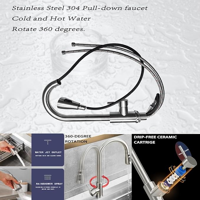 304 Stainless Steel Utility Sink with Faucet – Free Standing Single Bowl Kitchen Sink with Workbench & Drawer Storage, Hot/Cold Water Pipes for Laundry, Farmhouse & Outdoor Use 39“(SCTD-100R)
