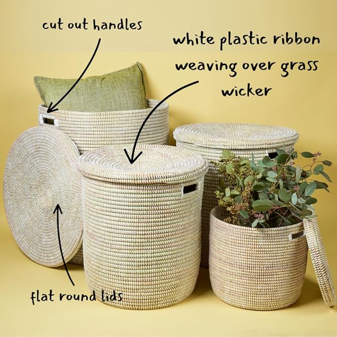 Storage & Organization, Decorative Baskets for your Home, Laundry Hamper, Baby Nursery Toys Bin, Living Room Blankets Storage, Towels Holder, Wicker, Woven, Lid, Wide, White, Set, 4pcs