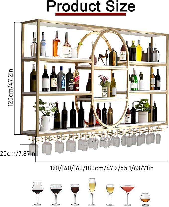71IN Large Wall Mount Wine Rack, Metal 4 Tier Hanging Bottle Holder with Wine Glass Storage Racks, Modern Floating Wine Shelves for Home Bar Dining Room Decoration (Gold)