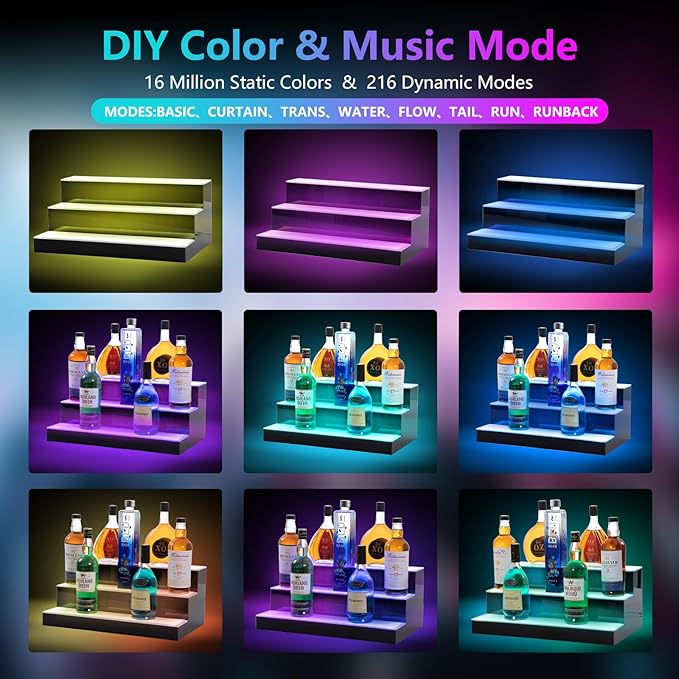 Led Lighted Liquor Bottle Display Shelf, 24 Inch 3 Tier Whiskey Rack, Support USB, Bar Stand with RF Remote & App Control, Illuminated Acrylic Lighting Shelves for 21 Bottles, Home Bar, Party
