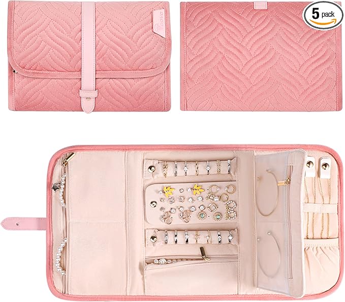 Voova Travel Jewelry Holder Organizer Case, Large Jewelry Storage Bag for Women Girls, Foldable Traveling Jewellery Pouch Roll for Necklaces Rings Earrings Bracelets, Pink