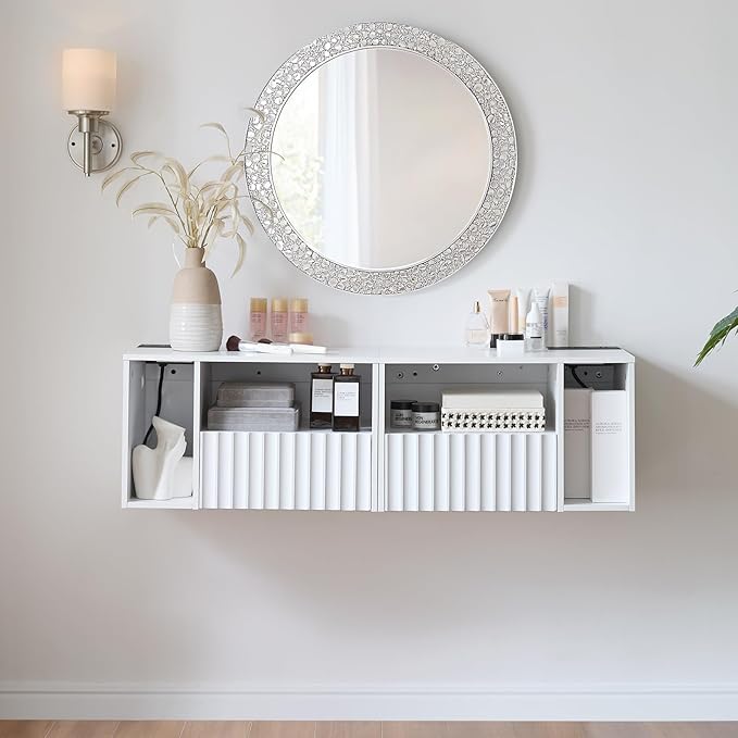 Modern Matte White Fluted Floating Nightstand with Charging Station, NightStand with Drawers, Bedside with USB Ports and Outlets, Bedroom Furniture (Right)
