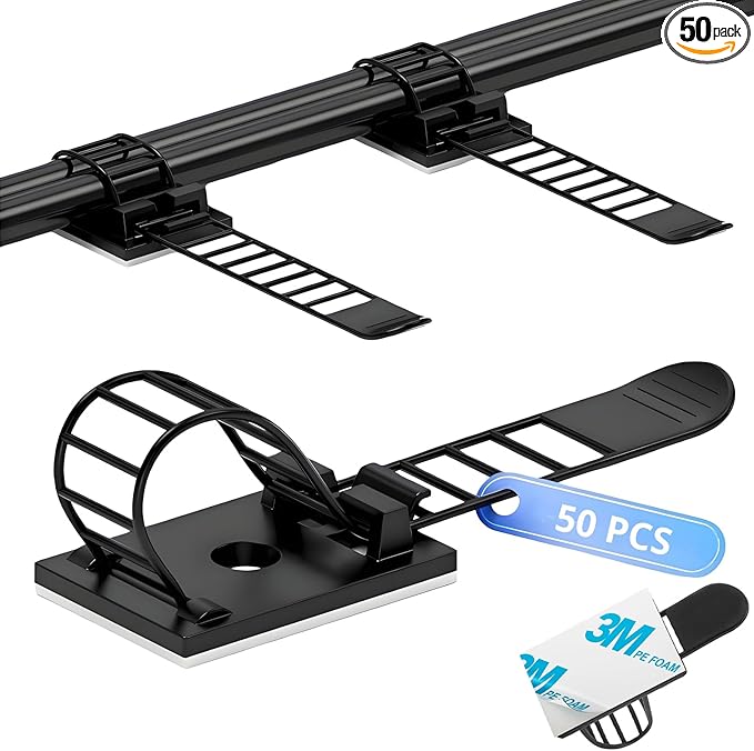Adjustable 3M Adhesive Cable Management Clips 50Pcs, Large self Adhesive Cable Ties Clips ，Suitable for Cable Management Under desks and on Walls(Black)