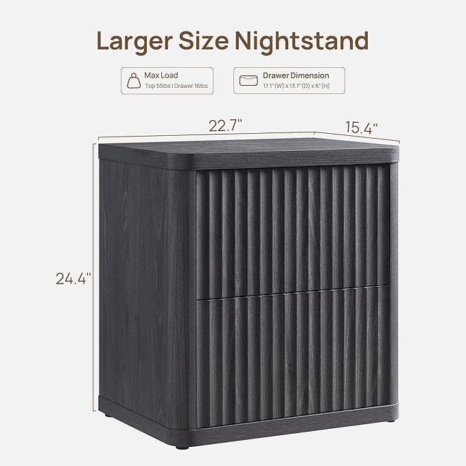 SICOTAS Night Stand Nightstand with 2 Drawers Storage Bedside Table Large Fluted Bed Side End Table Modern 24.4" Tall Wide Night Stands for Bedroom Living Room Sofa Couch Home Office, Dark Grey Alder