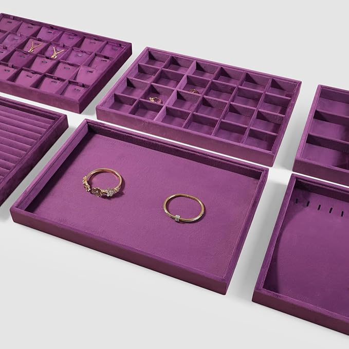 Velvet Stackable Jewelry Display Tray, 24 Grid Earring Ring Storage Tray, Drawer Divider Jewelry Accessories Organizer Plate (Purple)
