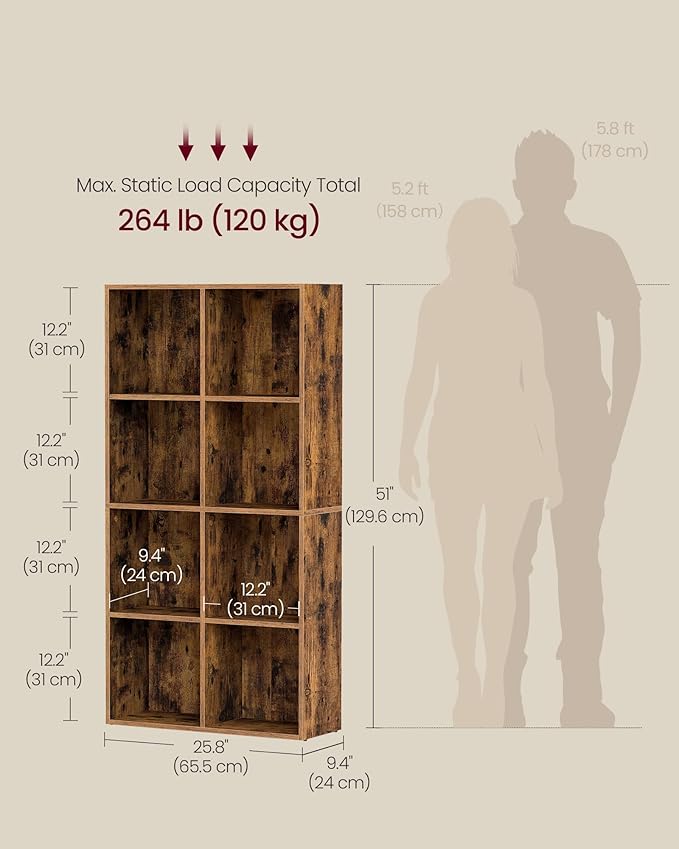 VASAGLE Custos Collection - Bookshelf, Bookcase, Cube Shelf with 8 Compartments, 9.4 x 25.8 x 51 Inches, Storage Shelf, for Living Room, Home Office, Dining Room, Rustic Brown ULBC424K01