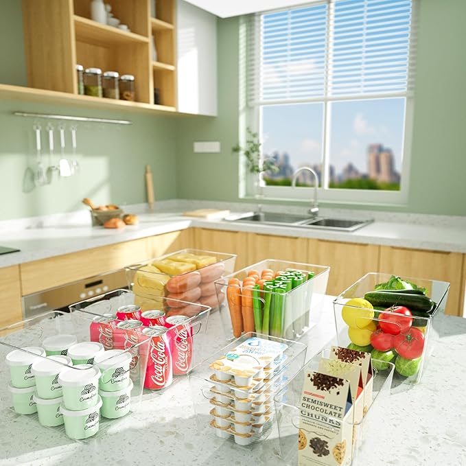 BALEINE Clear Plastic Storage Bins, Pantry Organization, BPA Free Stackable Refrigerator Organizers and Storage with Handles for Kitchen Fridge Cabinet Bathroom (6PK, 11x7.5x6)