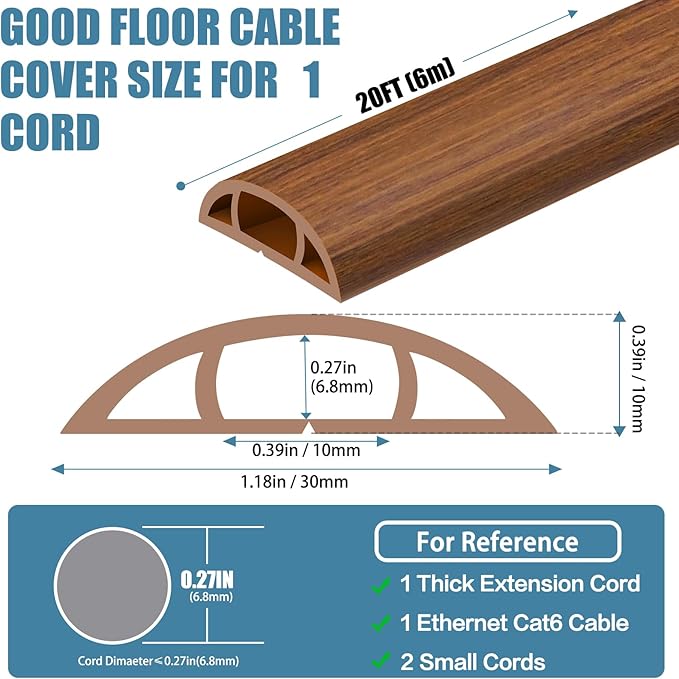 Floor Cord Covers for Wires 20FT Cable Hider Wire Cover Self Adhesive Cord Hider Floor for Offices, Homes, Workshops, Warehouses Cable Cavity 0.39" W x 0.27" H