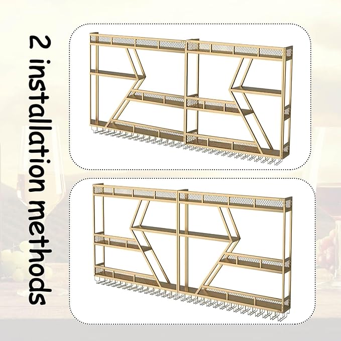 63in Large Wall Mounted Wine Rack 3 Tier Metal Wine Bottle Holder Modern Diamond Design Floating Bar Liquor Bottles Storage Rack for Home Restaurant Bar Decorative (Gold, 3 Tier - 63in)