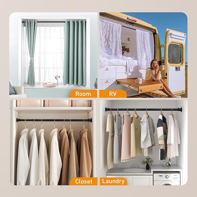 Black Adjustable Closet Rod 18-77 Inches, Heavy Duty Metal Clothes Hanging Rod, Rust-Proof Non-Slip Wardrobe Bar for Closet, Laundry Room, RV
