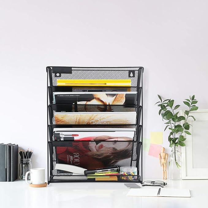 samstar 2 Pack Wall File Organizer, 6-Tier Wall Mount Paper Holder Vertical File Rack for Office Home, Black.