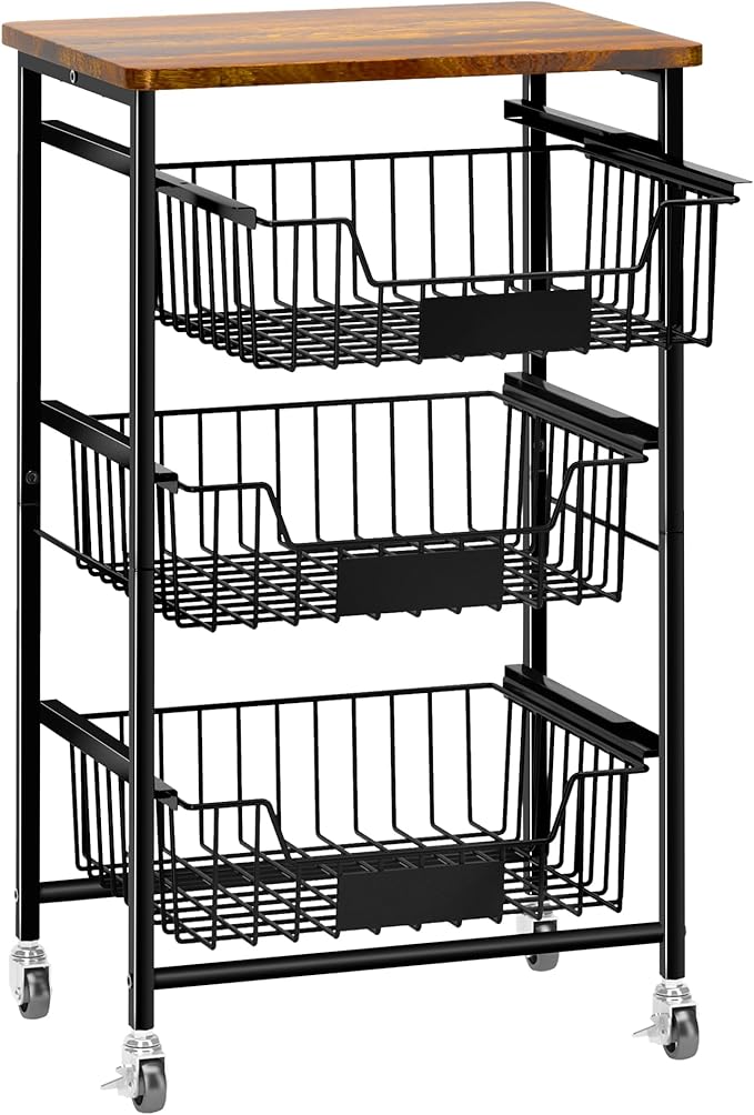4-Tier Small Kitchen Storage Cart on Wheels, Metal Fruit Basket Stand with Pull-Out Baskets & Wood Top for Potato Onion Produce Snack Veggies