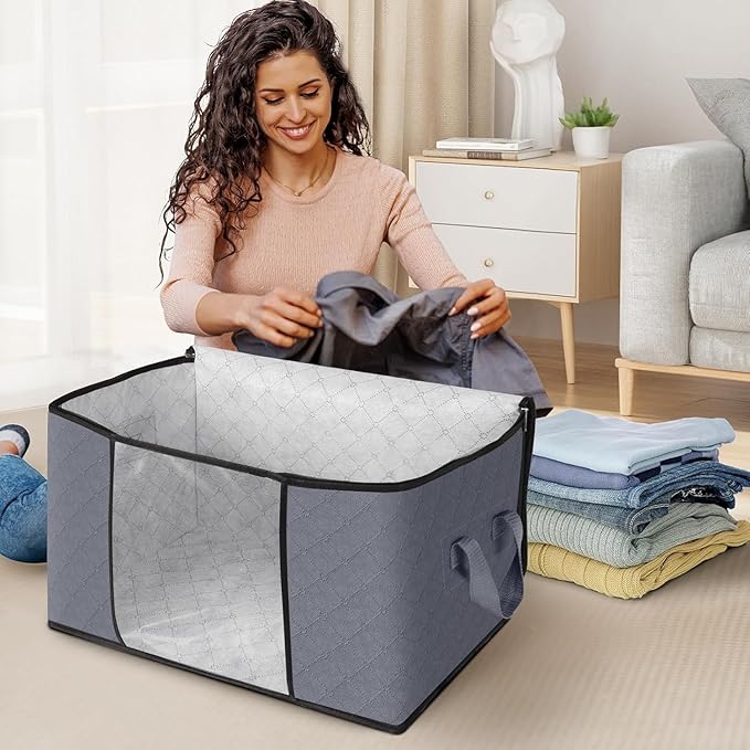 Large Clothes Storage Bags 4 Pack, Foldable Closet Organizers with Durable Breathable Fabric & Clear Window for Blankets, Comforters, Pillows, Bed Sheets, Toys & Seasonal Clothing (Gray)