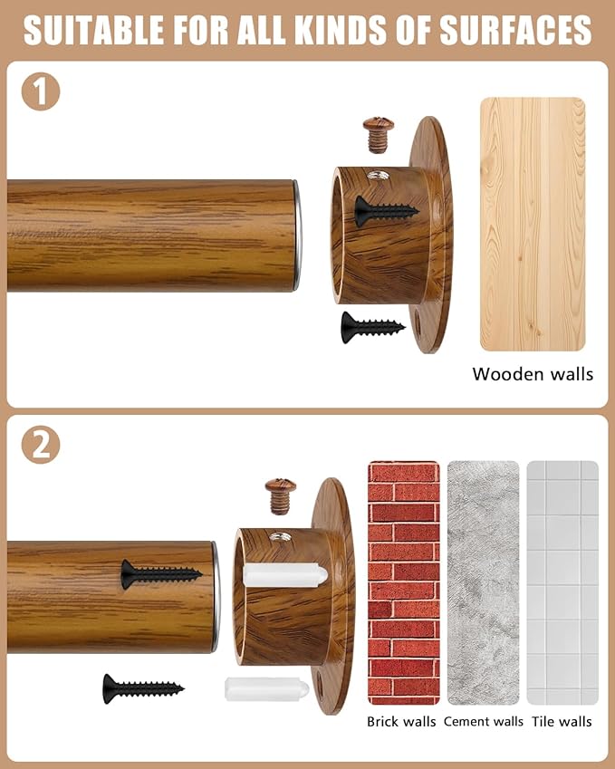 Closet Rods for Hanging Clothes, 17-40 Inch Heavy Duty and Stepless Adjustable Closet Poles, Stainless Steel Closet Hanging Rod for Wardrobes, Laundry Room, Bathroom, RV (Wood-Grain Finish)