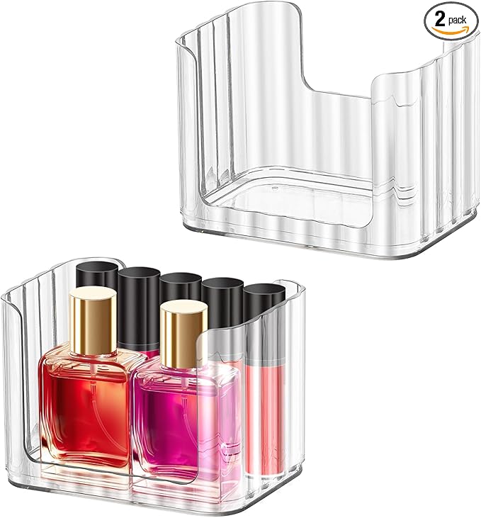 Poeland 2 Pack Stackable Makeup Organizer Tray, Medicine Cabinet Organizer, Clear Cosmetic Display Case for Cabinet, Counter, Vanity
