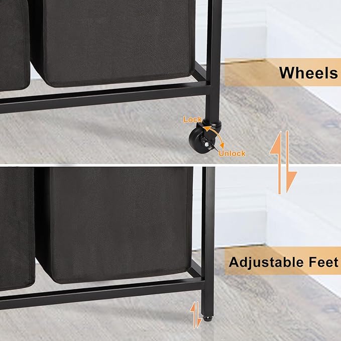 Laundry Hamper, Laundry Sorter 2 Section, Rolling Laundry Basket with Wheels, 2 Drawers, 2 × 14.5 Gal (55 L), Pull-Out and Removable Oxford Fabric Bags, Black and Rustic Brown
