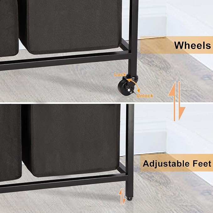 Laundry Hamper, Laundry Sorter with 4 Section, Rolling Basket with Wheels, 2 Shelves, 4 14.5 Gal, Pull-Out and Removable Oxford Fabric Bags for Laundry Room, Black and Rustic Brown
