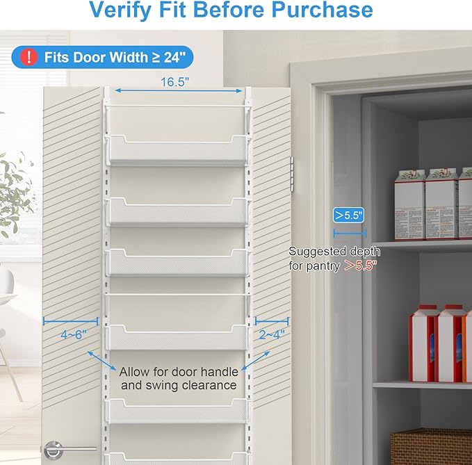 Over the Door Pantry Organizer, 6-Tier Over the Door Organizer with Adjustable Basket, Pantry Door Organization for Pantry Kitchen Storage Room Spice Rack, White