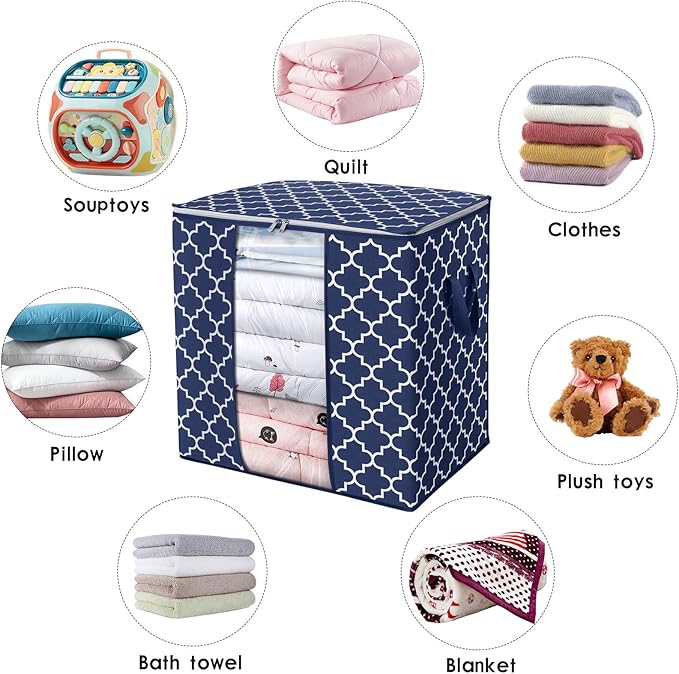 WISELIFE Storage Bags 2 Pack/100L Large Blanket Clothes Organization and Storage Containers for Comforters,Bedding, Foldable Organizer with Reinforced Handle, Clear Window, Sturdy Zippers,Blue