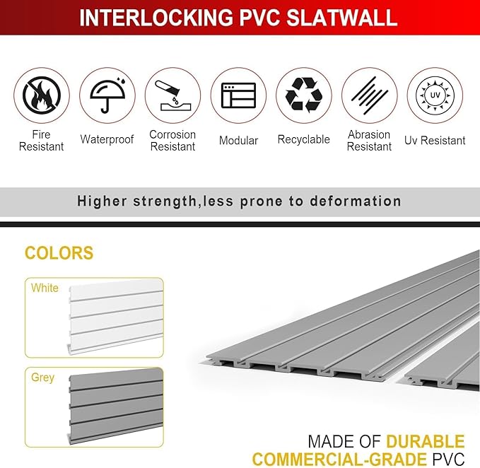 4'H x 4'W Slatwall Panel Garage Wall Organizer with Hooks, Heavy Duty Slat Wall Paneling Sheets, Interlocking PVC Panels, Garage Slatwall for Tool Organization Mounted Storage Systems