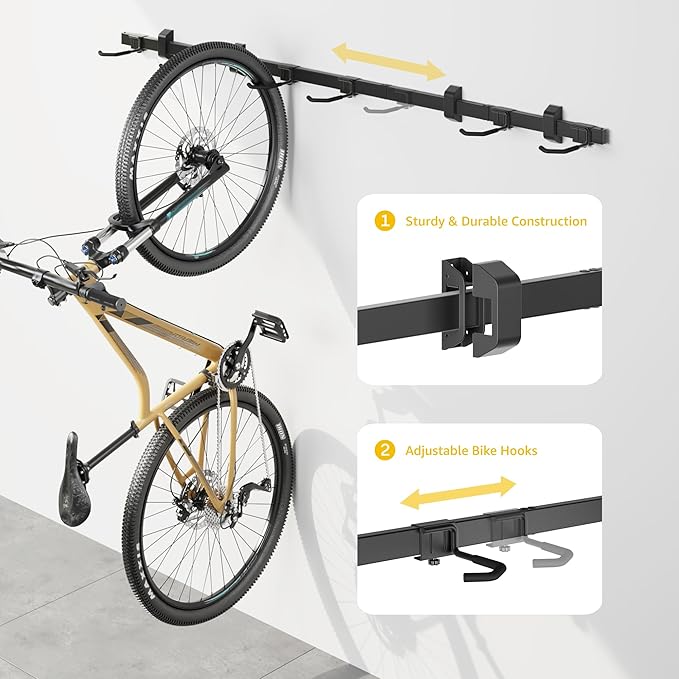 monTEK Enhanced Garage Bike Rack, Adjustable 6 Bike Hangers for Garage, Equipped with 78.5in Extended Rail to Accommodate Various Bicycle Sizes, Heavy-Duty Steel Bike Wall Mount, Max Capacity 330 lbs