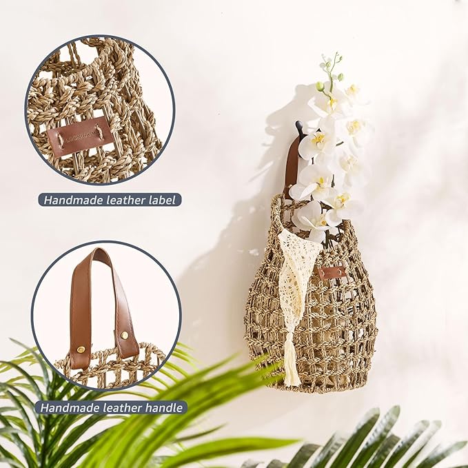 Woven Front Door Basket Water Hyacinth Wall Hanging Basket Decorative Boho Mounted Organizer for Dried Flower Plants Storage Basket for Garden, Home, and Farmhouse Décor (B_Seagrass)
