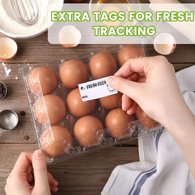 LOVEINUSA 100 PCS 12 Count Plastic Egg Cartons, with 105PCS Date Labels, Bulk Cheap Clear Reusable Egg Holder for Fresh Medium Eggs Storage, Suitable for Farms, Families, Markets Display