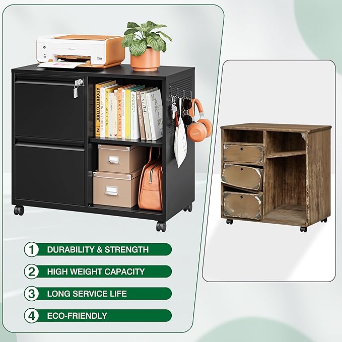 Mobile Lateral File Cabinet,2 Drawer Filing Cabinet with Lock fits A4/F4 or Letter Size for Home Office,Metal Rolling Printer Stand with Open Storage Adjustable Shelves(Black)