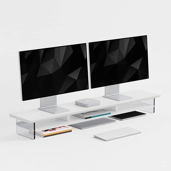 Dual‑Tier Monitor Stand for Modern Desk Setup – Minimalist Wooden and Metal Riser Shelf with Transparent Acrylic Feet for Dual Monitors, Laptops, Home Office Aesthetic，White