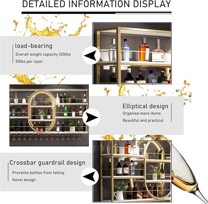 Large Wall Mount Wine Rack, Metal 4 Tier Large Capacity Hanging Bar Rack with Wine Glass Holder, Oval Wine Bottle Storage Display Rack for Kitchen, Living Room, Home (Gold, 180cm/71in)