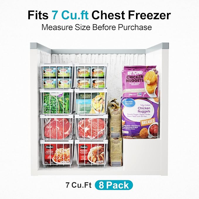 iSPECLE Freezer Organizer Bins - 6 Pack Small Stackable Deep Freezer Organizer Bins for 7 Cu.Ft Freezers Easy Get Bottom Foods without Digging, Chest Freezer Organizer Prevent Frozen Food Waste, White