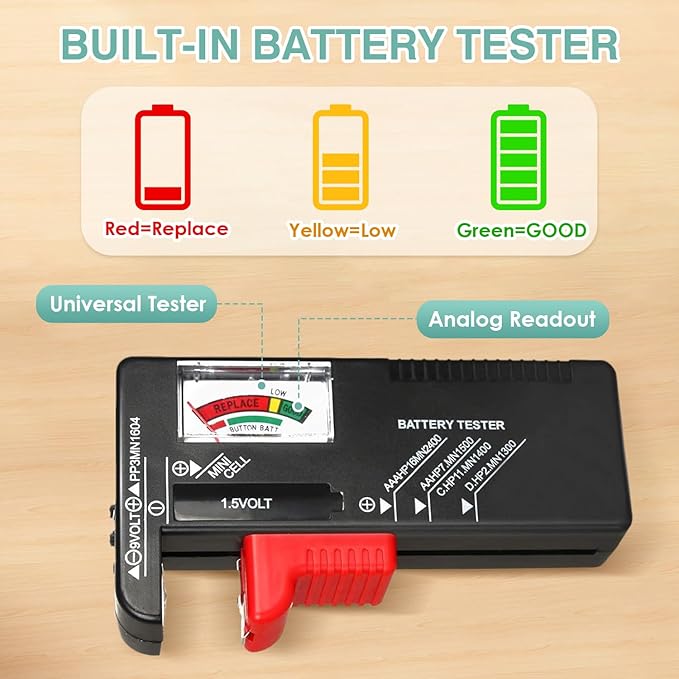 Battery Organizer Storage Holder Box Case with Tester, 185+ Batteries Double-Sided Variety Pack, Holds AA AAA 4A C D Cell 9V 3V Lithium LR44 CR2 CR123 CR1632 18650 Button - Black