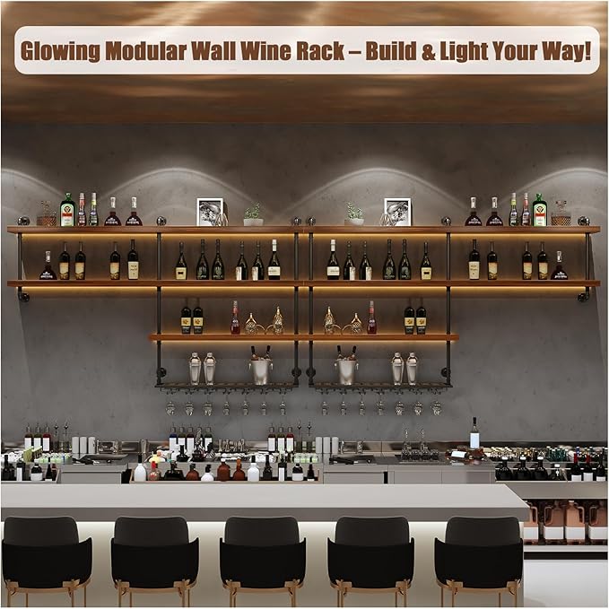 Solid Wood Wall Mounted Wine Rack, Large Wine Rack with LED Light, 4 Tiers Liquor Bottles Floating Shelves with Glass Holder, Industrial Bar Shelves for Home Bar Dining Room (70.9 IN/ 180CM)