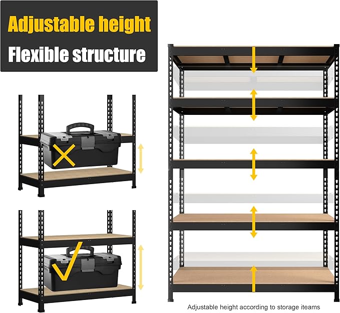 PrimeZone 48" W x 18" D x 72" H Garage Shelving Heavy Duty - Adjustable Metal Storage Shelves, 5 Tier Industrial Shelving Unit, Utility Shelf Rack for Basement, Warehouse, Pantry, Closet, Black, 2Pack