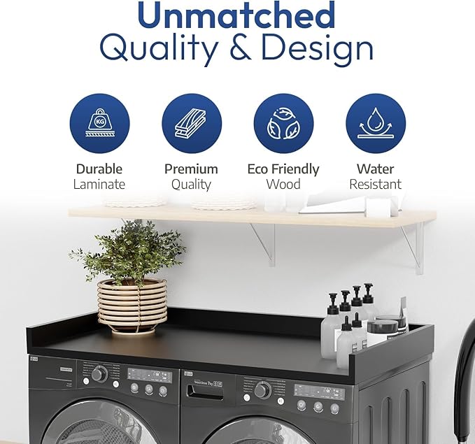 OfficeSimpli Large Washer Dryer Countertop 30 x 58 - Made in USA - Heavy-Duty Laundry Countertop Over Washer and Dryer, Laundry Room Countertop Organization Solution with Non-Slip Pads, Black