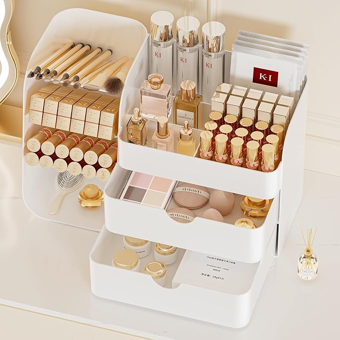 Makeup Organizer with Brush Holder for Vanity,Countertop Makeup Organizer with Drawers,Spacious Cosmetic Display Case,Perfect Storage Solution for Your Beauty Essential