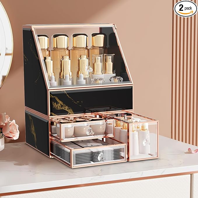 Makeup Organizer for Vanity, Black Makeup Organizer with Drawer, Skincare Holder for Bathroom Countertop,Cosmetic Display Case for Dresser
