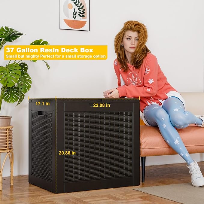 37 Gallon Outdoor Deck Box,Storage Lockable Waterproof Patio Furniture,Garden Tools,Cushions,Pool Accessories Outside Storage Resin Box(Black)