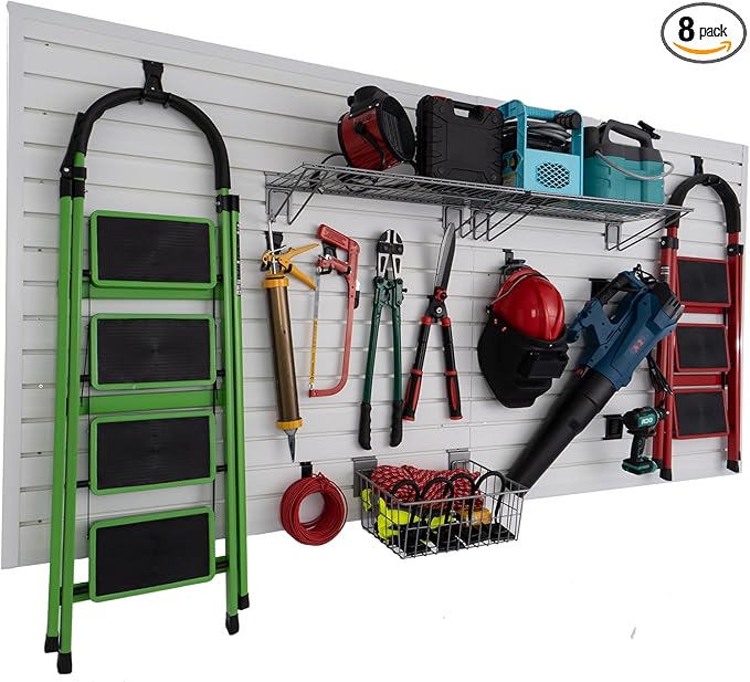 Slatwall Panel 4'x8' Garage Tool Organizer Wall Mount PVC Wall Panels for Interior Wall Décor, White Slat Wall Paneling Bike Rack Garage Storage & Organization Products, Slatwall Panels Slat Board
