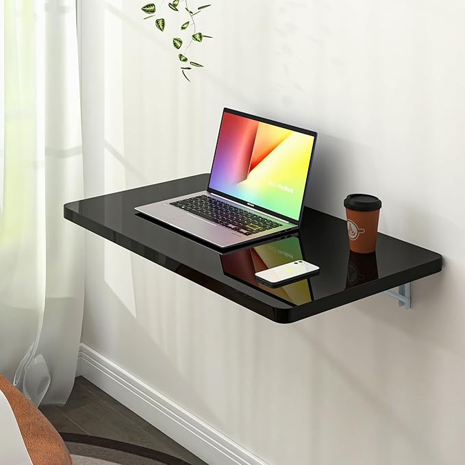Clikuutory Black Wall Mounted High Gloss Folding Table 23.6" L x 15.7" W, Laundry Folding Table for Laundry Room, Home Office, Kitchen, Bedroom, Home Bar, Wall Desk Fold Down for Small Spaces