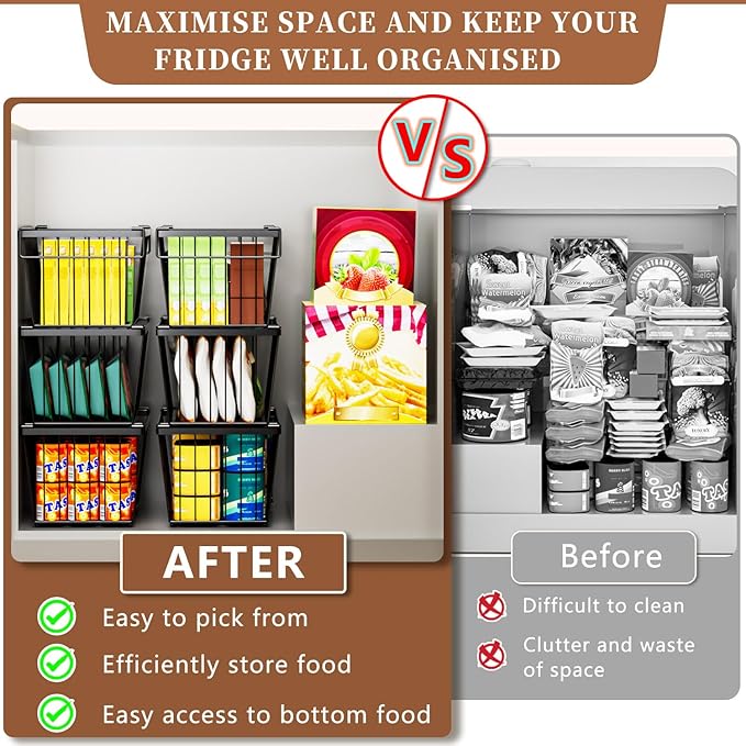 Enhanced Leak-Proof Bottom - Freezer Organizer Bins ，4 Pack Stackable Deep Freezer Organizer Bins for 7 Cu.FT Small Chest Freezer，Easy Get Bottom Foods without Digging