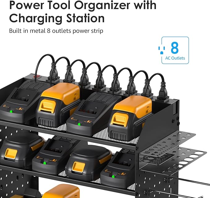 CCCEI Modular Pegboard Rack Power Tool Organizer with Charging Station. 4 Layer Wall Mount Drill Holder, Tools Battery Charger Organizer. Garage Shop Storage Utility Shelf with 6FT Power Strip. Black