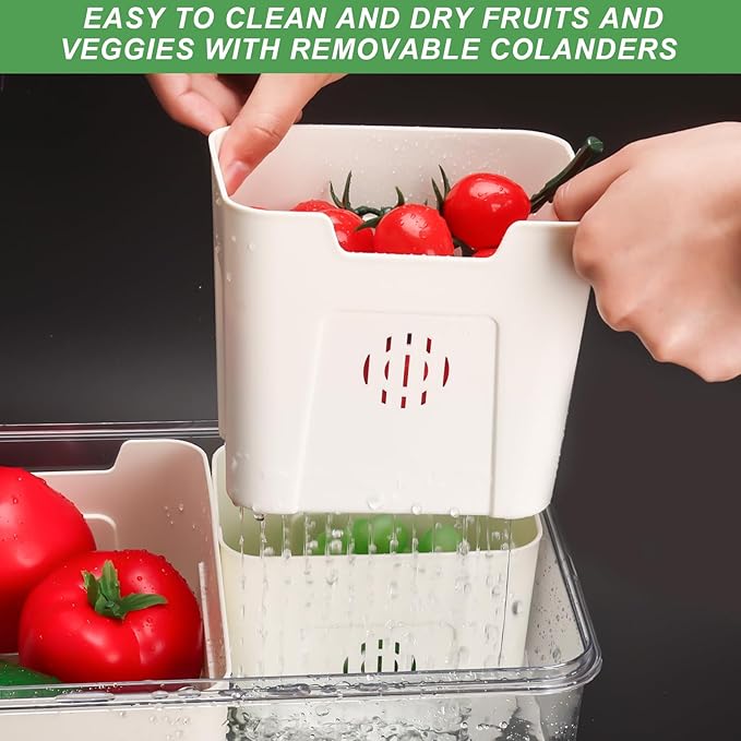 shopwithgreen Fruit Storage Containers for Fridge with Lid and Handle, Portable Fresh Produce Saver, Food Box Container with 4 Removable Colanders for Berry, Vegetable, Refrigerator Organizer Bins