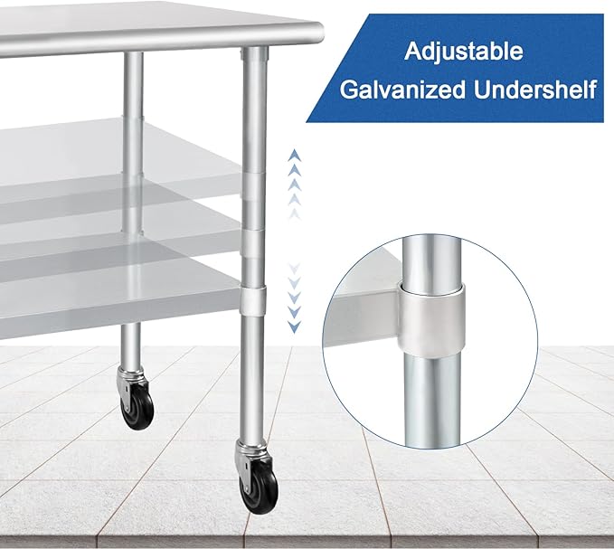 HARDURA Stainless Steel Table with Wheels 30 x 48 Inches Casters NSF Heavy Duty Commercial Work & Prep Table with Undershelf and Galvanized Legs for Restaurant Kitchen Bar and Hotel Garage