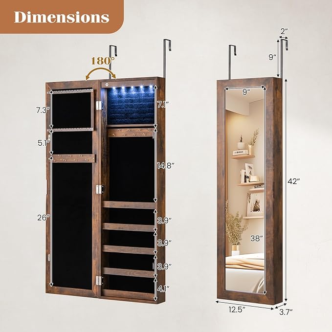 5 LEDs Mirrored Jewelry Cabinet Wall Mounted or Door Hanging, 42” Jewelry Box Armoire with Full Length Mirror, 2 Drawers & Shelves, Over the Door Jewelry organizers and Storage (Rustic Brown)