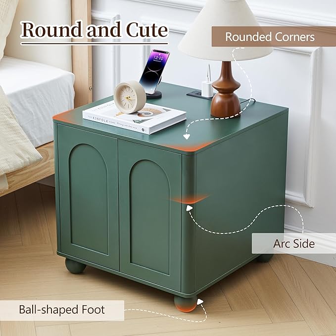 Bed Side Table Set of 2 with Charging Station, Mid Century Modern Nightstand with 2 Doors, Square End Table with Storage for Couch,Living Room, Sofa Side Table for Office,Dorm - Green